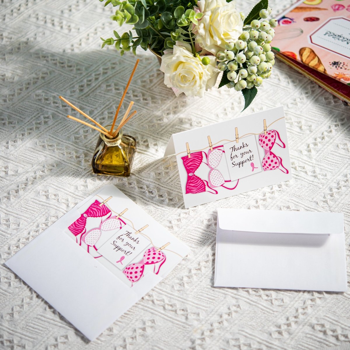 12 Pack Pink Ribbon Thanks For Your Support Cards (12 Cards/Pack)