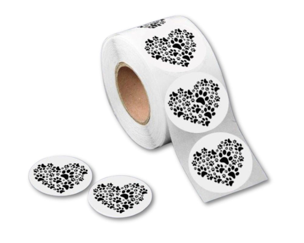 250 Paw Print Heart Stickers (250 per Roll)