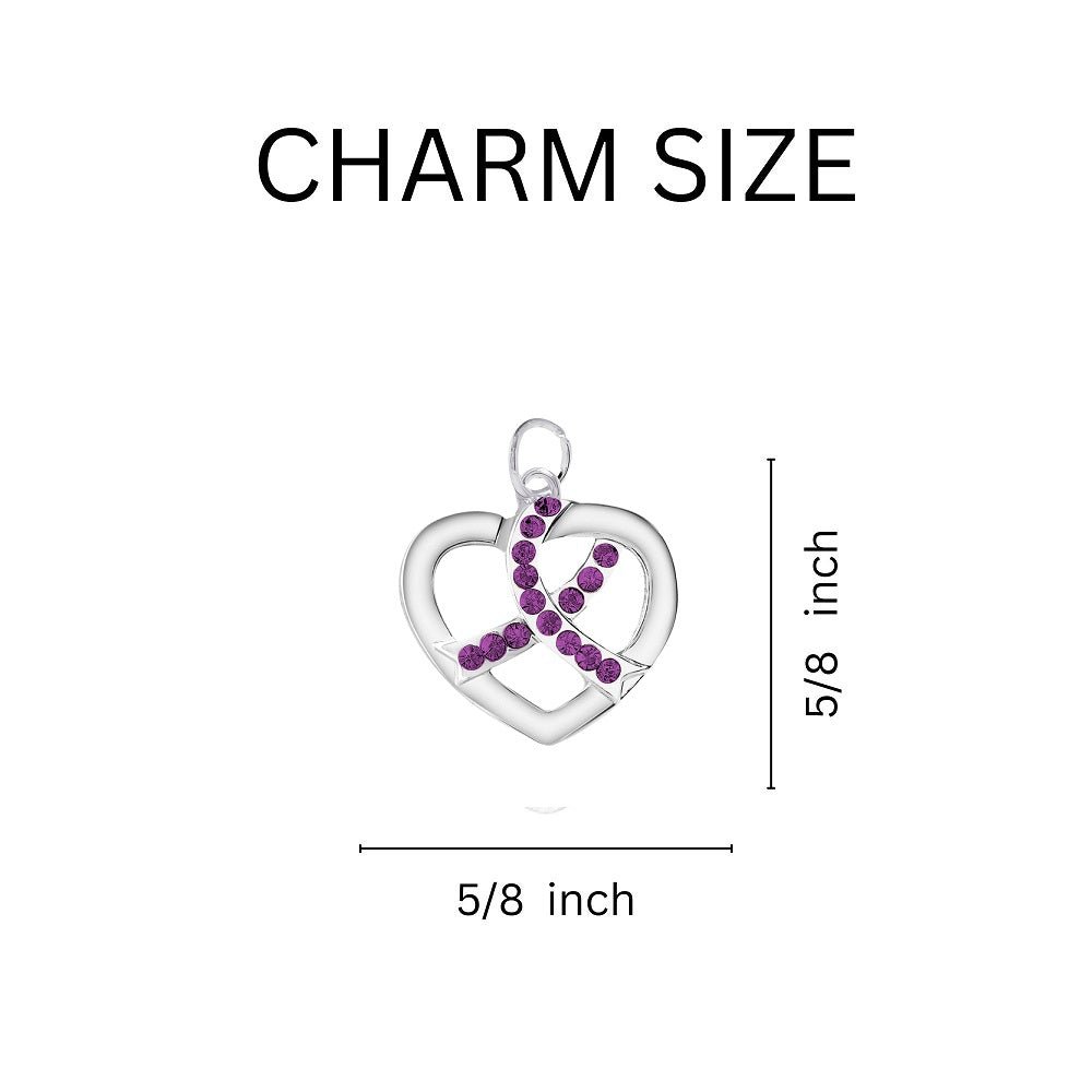 Silver Heart Crystal Purple Ribbon Charms