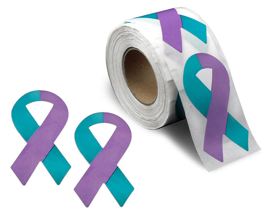 250 Large Teal & Purple Ribbon Stickers (250 per Roll)