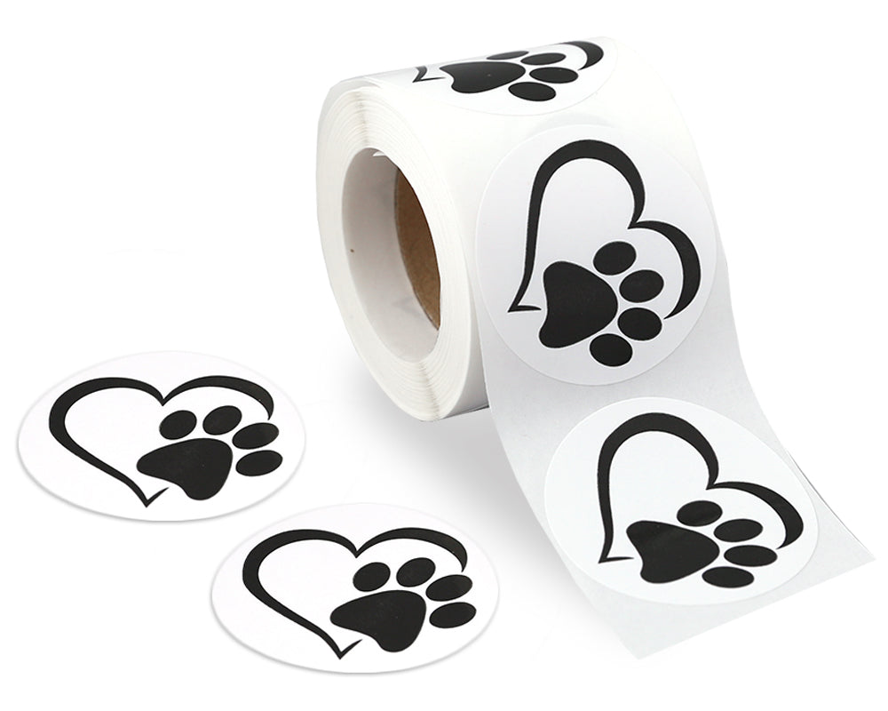 250 Paw Print in Heart Stickers (250 per Roll)