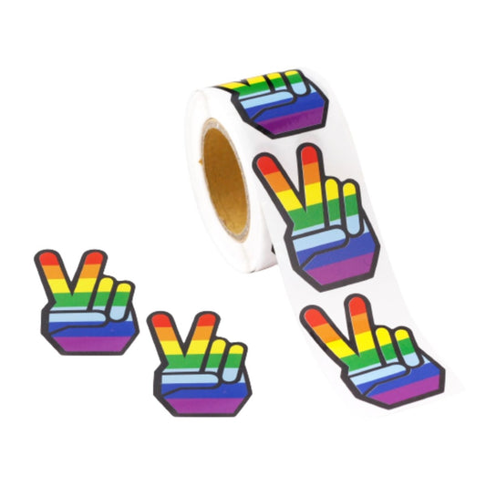 250 Rainbow Striped Peace Sign Hand Stickers (250 Per Roll)