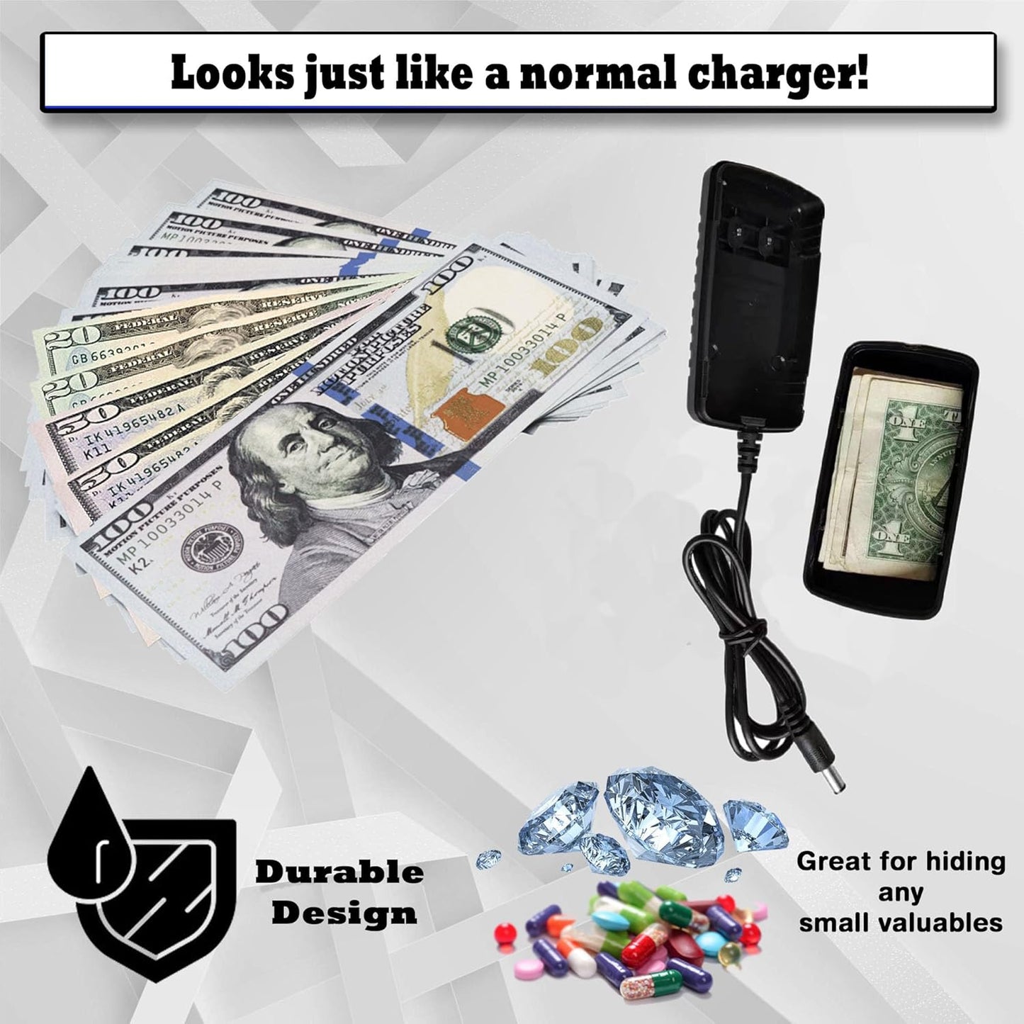 Fake Phone Charger Diversion Safe - Realistic Looking Phone Charger with Secret Compartments to Stash Small items