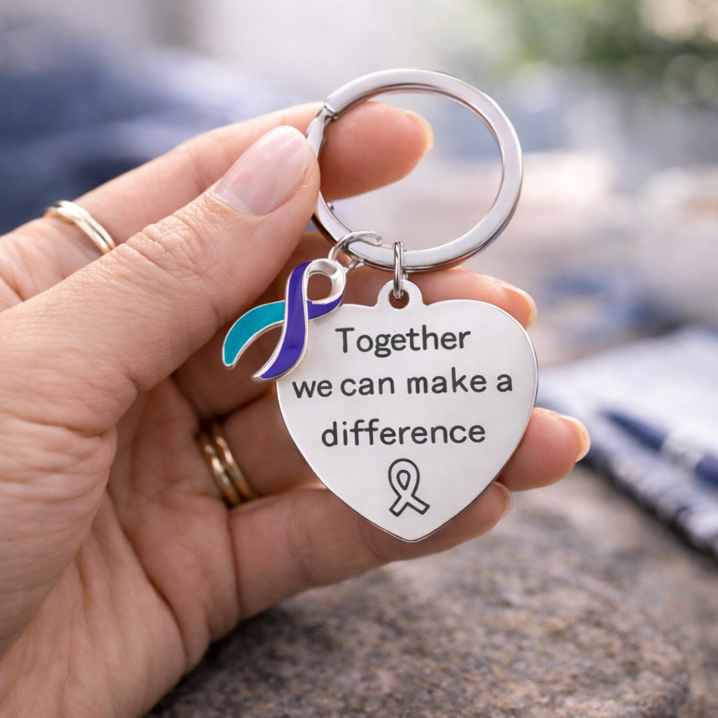 Big Heart Teal & Purple Ribbon Key Chains