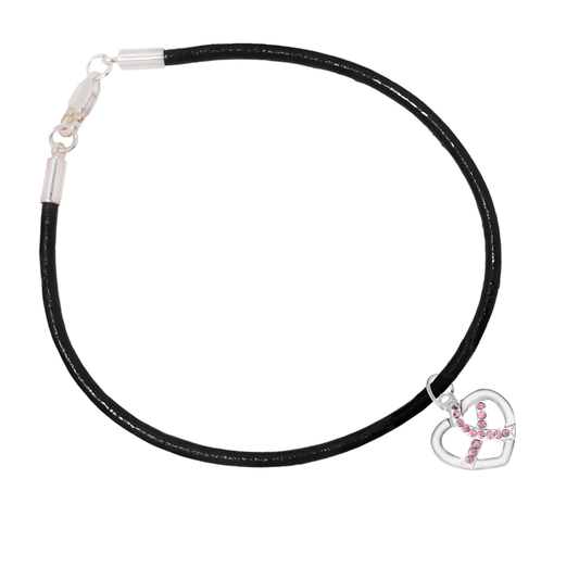 Pink Ribbon Crystal Heart Leather Cord Bracelets