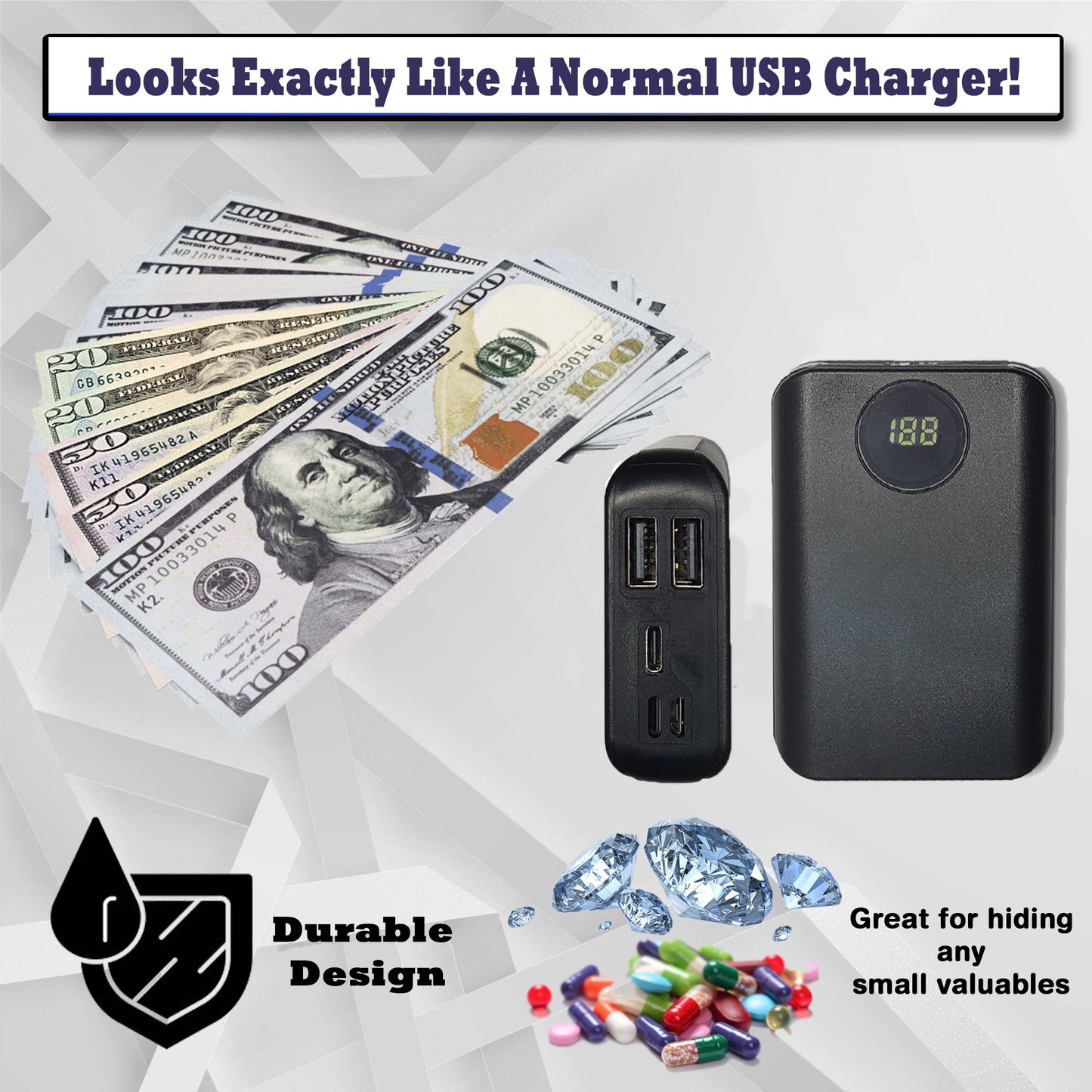Portable USB Charger Diversion Safe - Realistic-Looking USB Charger with Discreet Secret Compartments and Storage to Stash Valuables