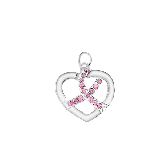 Silver Heart Crystal Pink Ribbon Charms