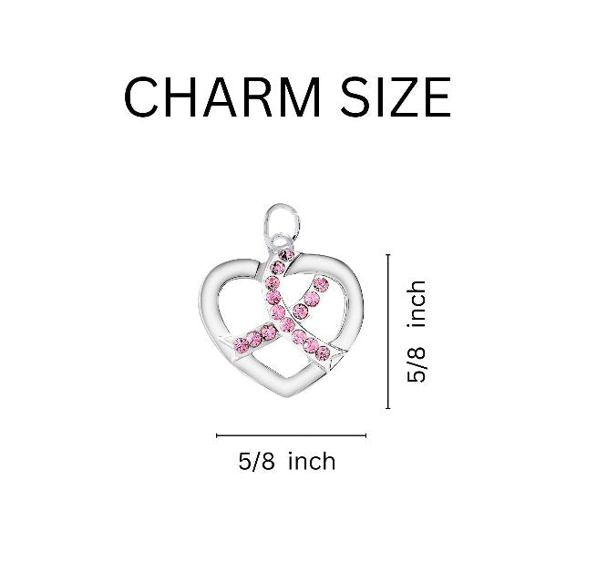 Silver Heart Crystal Pink Ribbon Charms