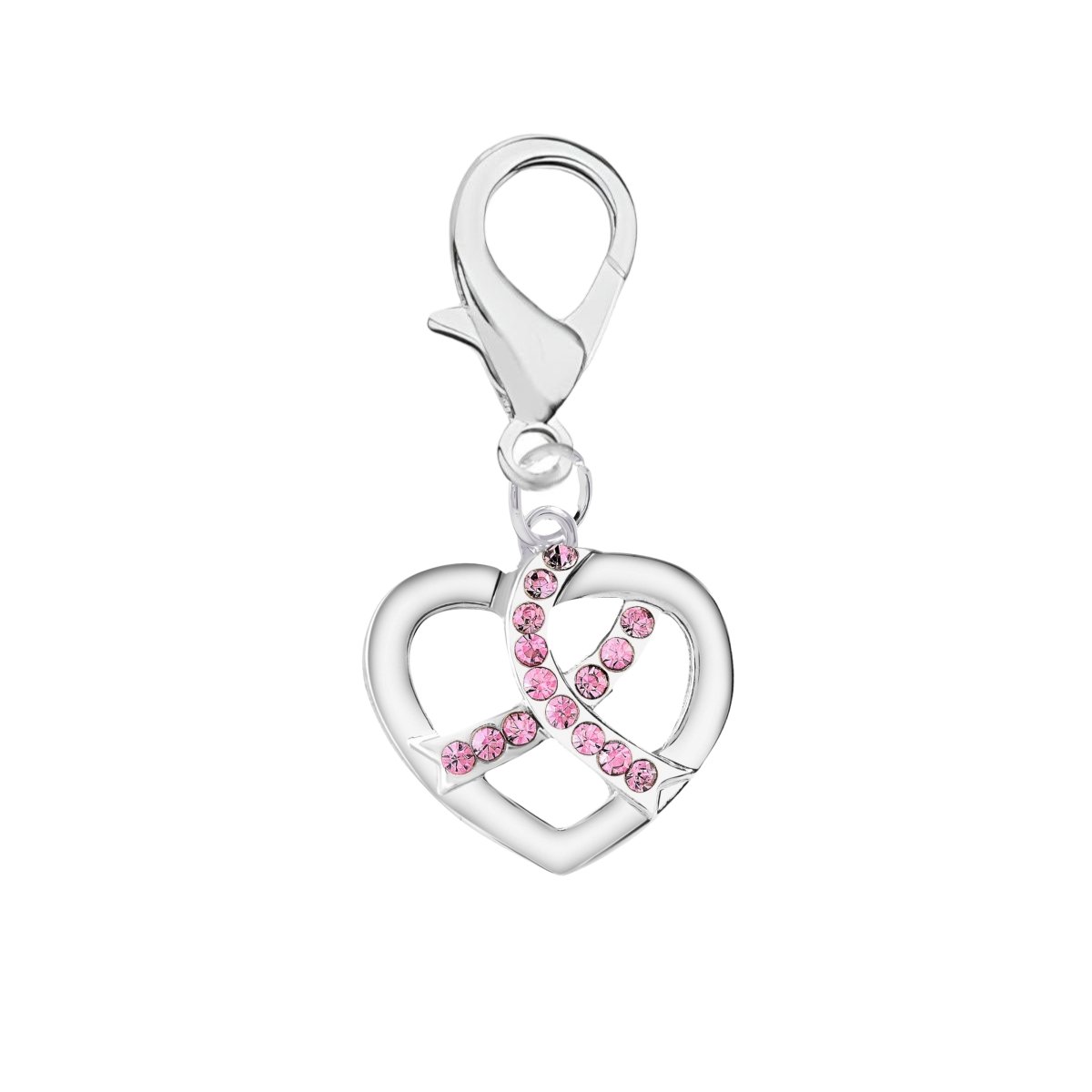 Silver Heart Crystal Pink Ribbon Hanging Charms