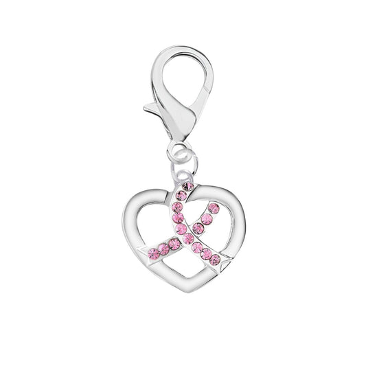 Silver Heart Crystal Pink Ribbon Hanging Charms