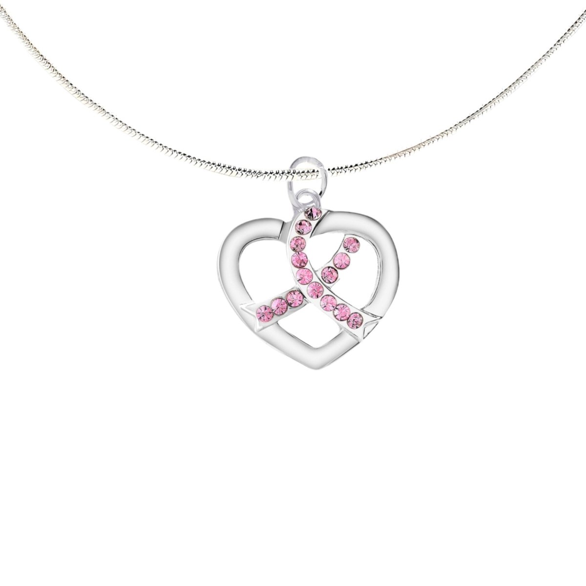 Silver Heart Crystal Pink Ribbon Necklaces