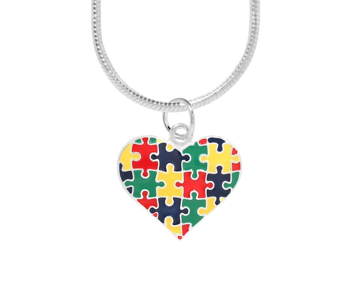 Autism Colored Puzzle Piece Heart Necklaces