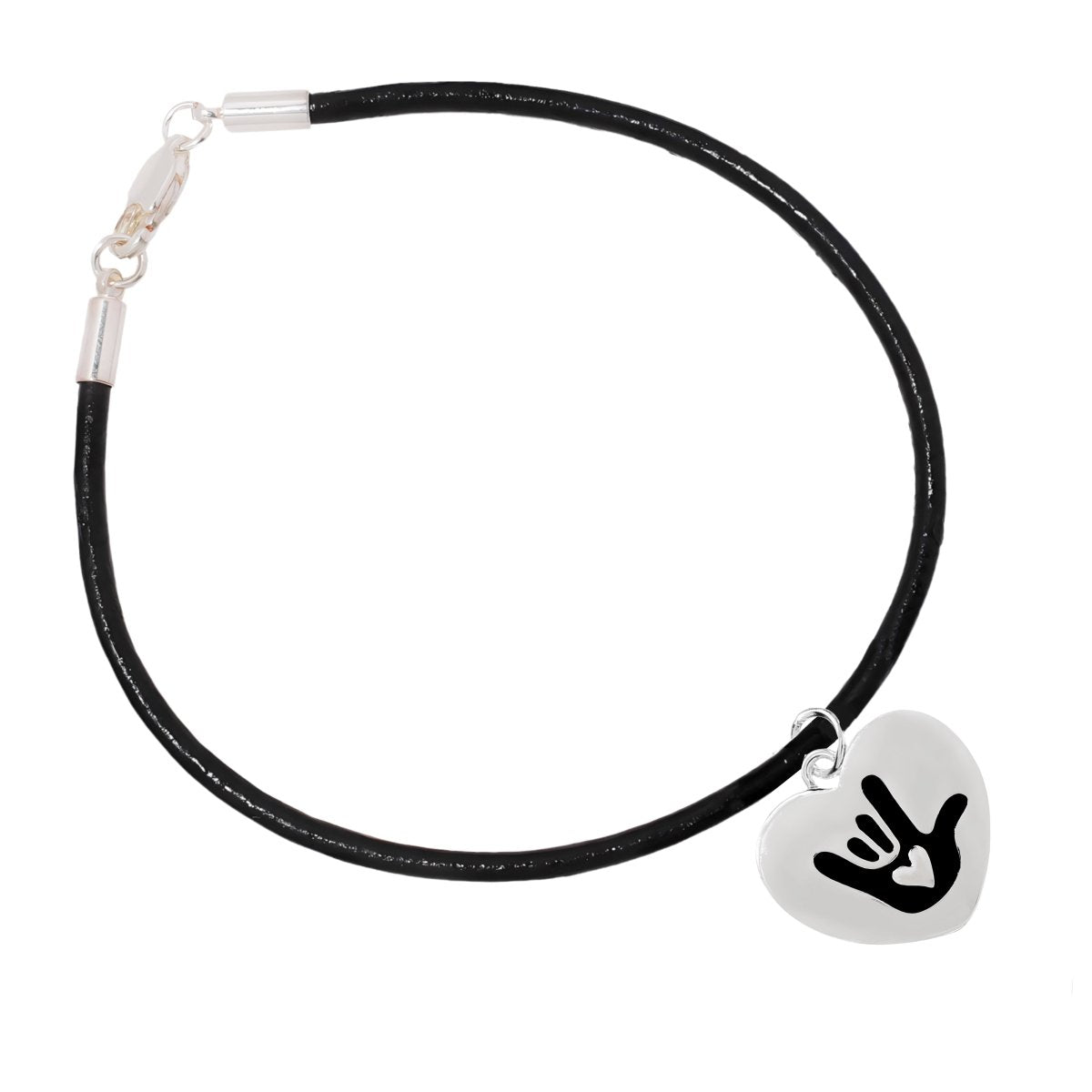 Deaf I Love You Sign Heart Charm Black Cord Bracelets